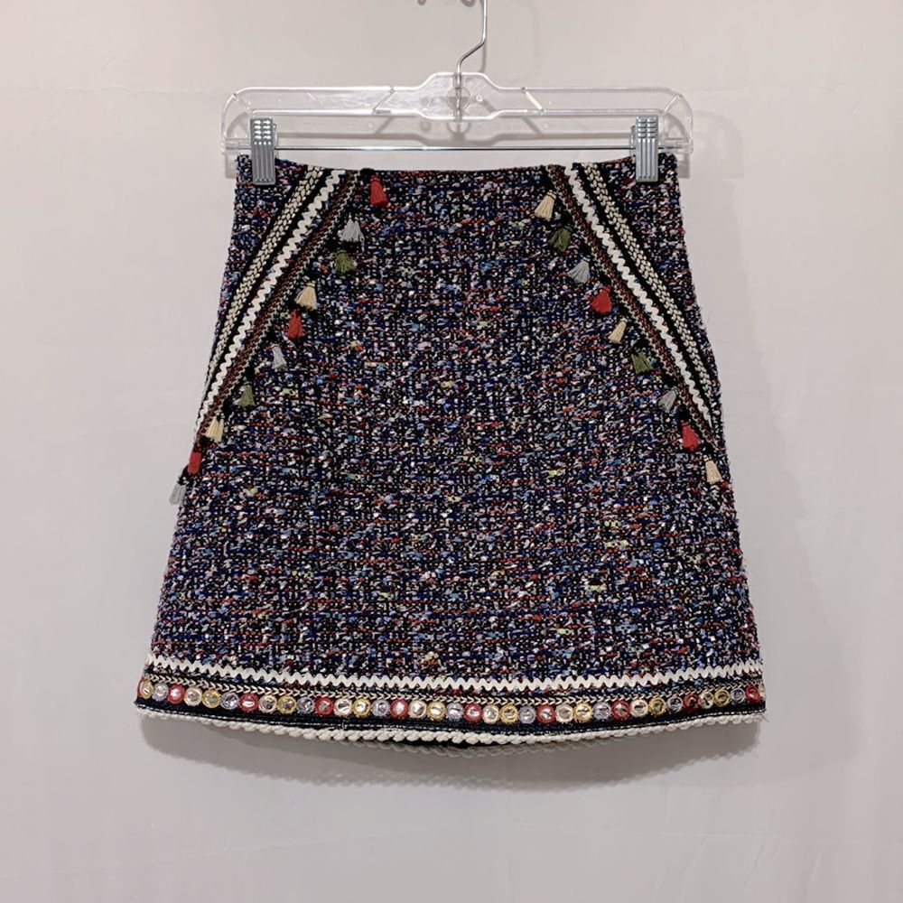 ZARA Tweed Multicolored Boucle Skirt With Tassel Detail Women Size XS